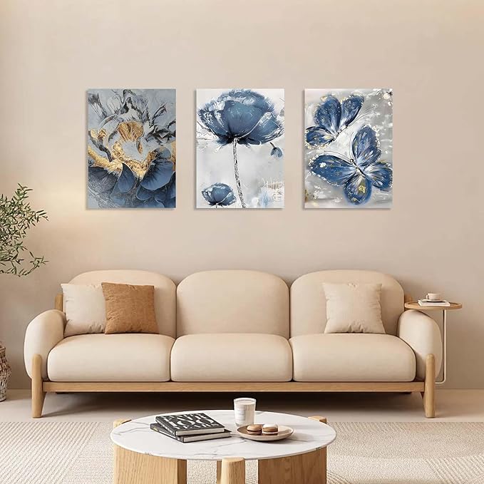 3 Piece Wall Art Framed Canvas Wall Art Blue and Gold Butterfly and Flower Pictures Wall Decor for Living Room Bedroom Bathroom Office – Ready to Hang with Hooks and Nails, 12x16 Inch