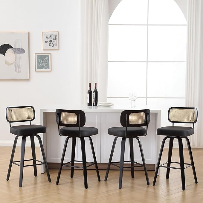 Bekrvio Swivel Counter Height Bar Stools Set of 4, Upholstered Faux Leather Barstools with Rattan Back, 26" Seat Height Bar Chairs Island Stools for Kitchen Counter, Black Wood Frame, Black