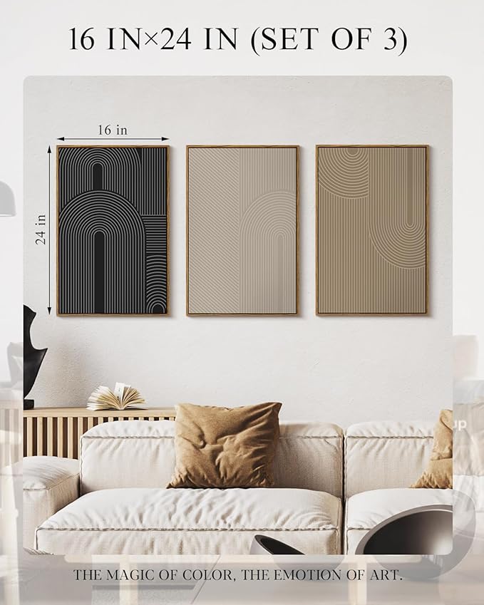 Modern Geometric Line Wall Art Set of 3 Neutral Abstract Canvas Prints, Large 16x24 3 Piece Black Beige Taupe Contemporary Home Artwork, Minimalist Mid Century Living Room Bedroom Office Decor