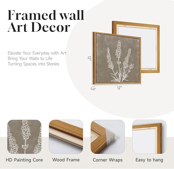 Framed Botanical Boho Wall Art, Set of 4 Piece Vintage Farmhouse Plant Leaf Canvas Artworks for Walls, Rustic Minimalist Picture Prints for Living Room Dining Room Bathroom Wall Decor 12x12 Inch