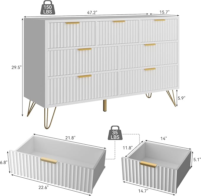 White Dresser for Bedroom, 7 Drawers Dresser with Golden Handles, Modern Wood Chest for Living Room, Hallway, Entryway