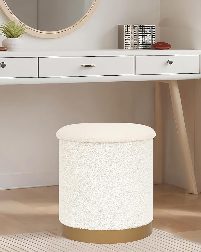 B FSOBEIIALEO Ottoman with Stroage, Round Boucle Storage Ottoman with Gold Plating Base,Foot Rest Stool for Dorm Room, Living Room White, 14.76"x14.76"x16.34"