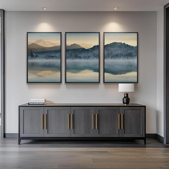 Framed Watercolor Mountain Wall Art for Living Room, Large Lake Nature Landscape Artwork for Walls, 3 Piece Blue Foggy Scenic Aesthetic Canvas Painting Prints for Office Hallway Wall Decor, 24x36 Inch