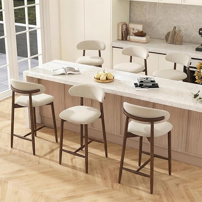 Bar Stools Set of 6, 25.6″ Counter Height Bar Stools with Wood Legs, Upholstered Modern Kitchen Barstools for Kitchen Island Dining Room Bar, Beige