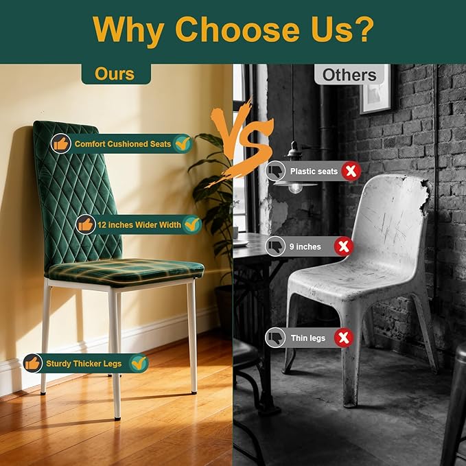 Dining Chairs Set of 2, Velvet Comfortable Seats, Mid-Century Modern Living Room Chairs, Upholstered Kitchen Chairs with Mental Legs and Padded Seat for Bedroom Office Easy Assembly, Green