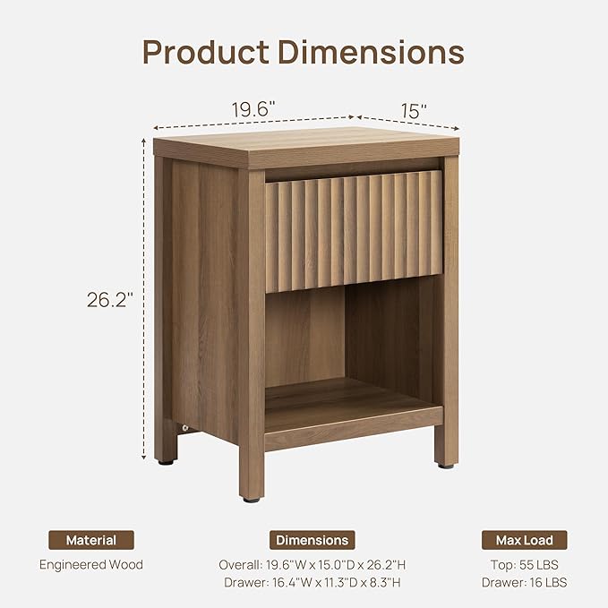 SICOTAS Fluted Night Stand Set of 2, Farmhouse Nightstands with Drawer, Boho Bedside Table with Storage Shelf, Large End Tables Bed Side Tables for Bedroom, Caramel Oak