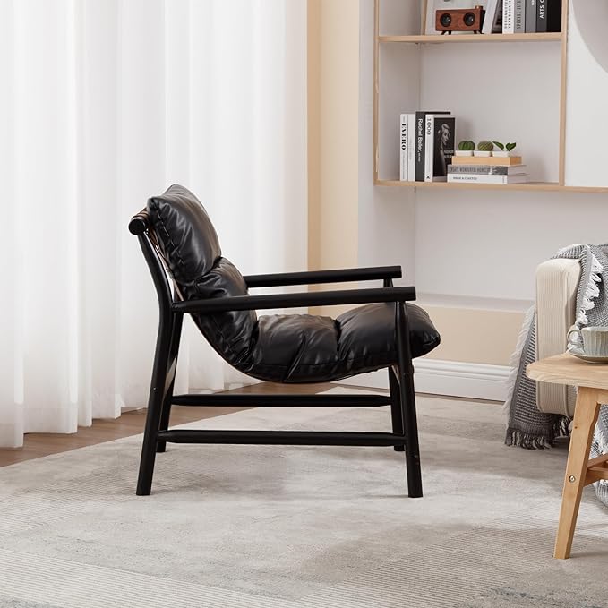 DUOMEI Faux Leather Accent Chair, Mid Century Modern Living Room Chairs with Solid Wood Frame, Upholstered Lounge Reading Chair Comfy Arm Chair Cozy Recliner for Bedroom/Guest Room, Black