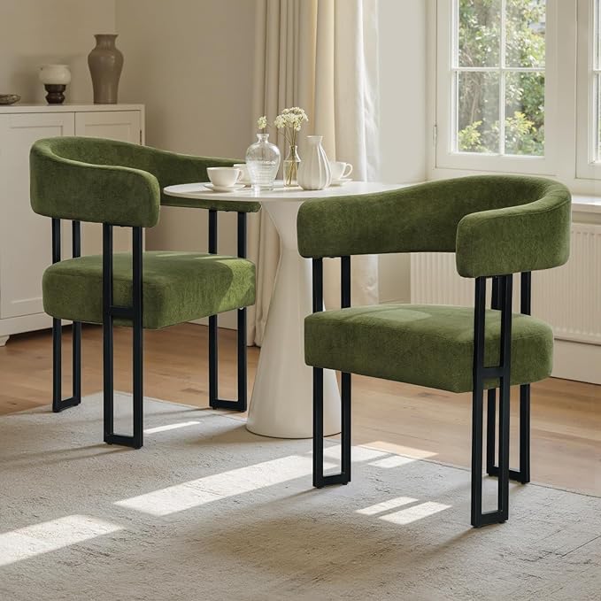 SIMTONAL Mid-Century Modern Dining Chairs Set of 6, Armrest Barrel Dining Chairs Side Accent Chairs with Curved Back, Upholstered Armchairs for Kitchen, Soft Teddy Fleece Surface, Green