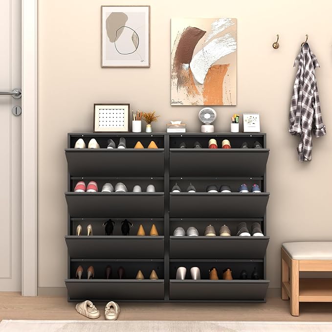 LUCYPAL Shoe Cabinet with 4 Flip Drawers,Slim Shoe Storage Cabinets for Entryway,Black Narrow Wall Shoe Cabinet for Hallway,Living Room, Bedroom
