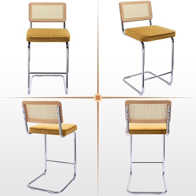 Zesthouse Natural Rattan Counter Stools Set of 4, 26" Modern Bar Stools with Solid Wood Back & Chrome Base, Yellow Velvet Counter Height Barstools, Mid Century Cantilever High Chair for Kitchen Island