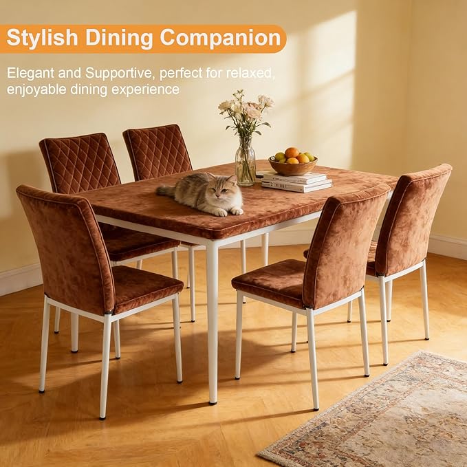 Dining Chairs Set of 2, Velvet Comfortable Seats, Mid-Century Modern Living Room Chairs, Upholstered Kitchen Chairs with Mental Legs and Padded Seat, Easy Assembly, Brown