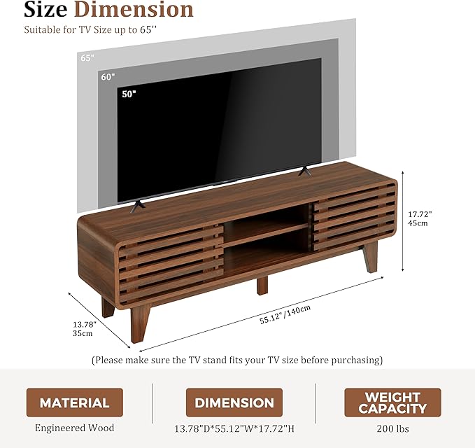 Luoxiao 55" Mid Century Modern TV Stand for 55 60 65 Inch TV, Walnut Media Console with Slatted Sliding Doors, Retro Wood Entertainment Center with Storage Shelves for Living Room, Bedroom