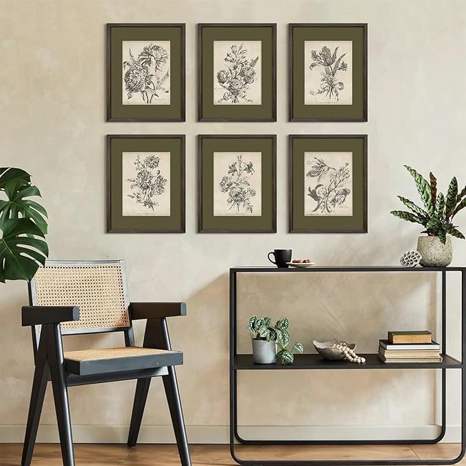 Vintage Floral Wall Art Sketch Flower Prints Antique Botanical Canvas Wall Art Decor Vintage Etchings Floral Poster Green Botanical Painting Sage Green Artwork for Bedroom 8x10x6 Inch Wood Framed