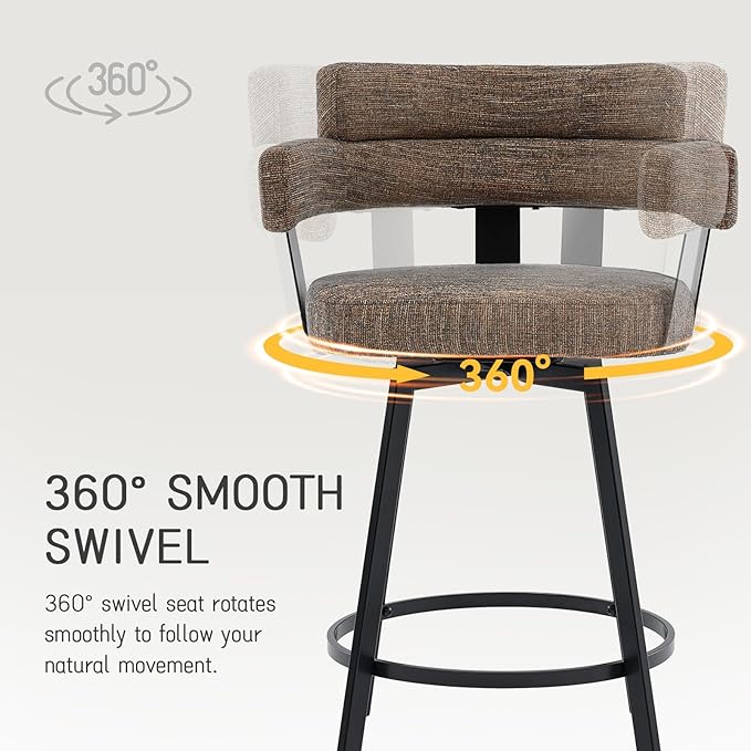 30 Inch Bar Stools Set of 2 with Full Back, Swivel Bar Chairs with Linen Padded Back, Metal Footrest, Modern Bar Height Stools for Kitchen Island, Dining, Living Room, Brown