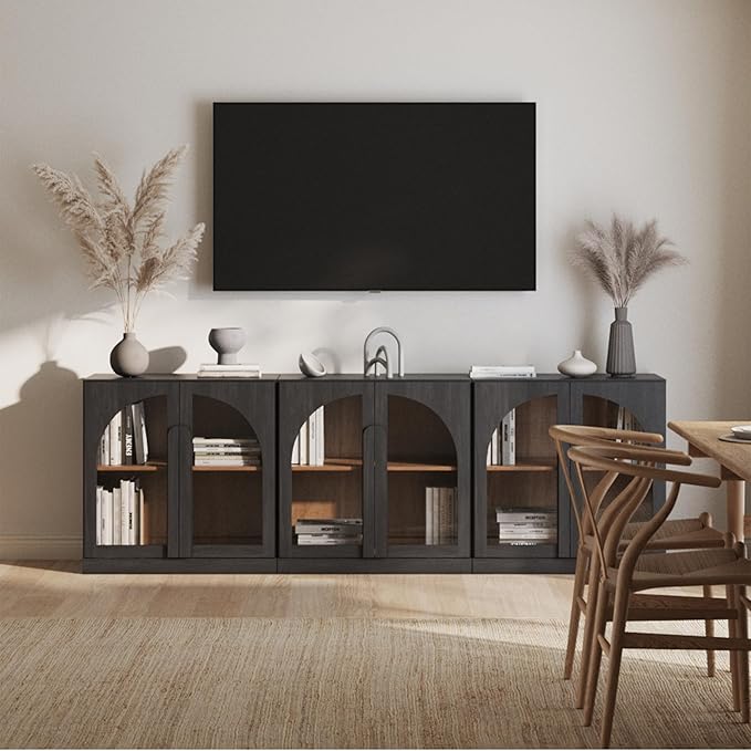 BELLEZE Bijou Set of 3 Modular Sideboard Cabinets (94.5" Extra Long) - 6-Door Media Console TV Stand for 85+ Inch TV - Modern Arched Glass Buffet Credenza for Large Dining Room & Living Area- Ebony