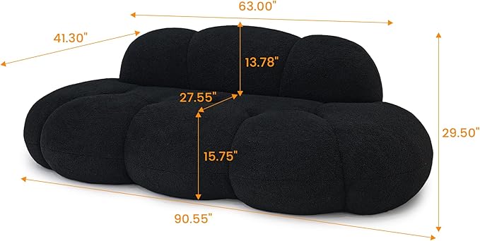 JACH 3 Seater Cloud Sofa for Living Room, Modern Sherpa Upholstered Couch, Minimalist Leisure Sofa, Comfy Cloud Couch for Apartment, Small Space, No Assembly Required (Black)
