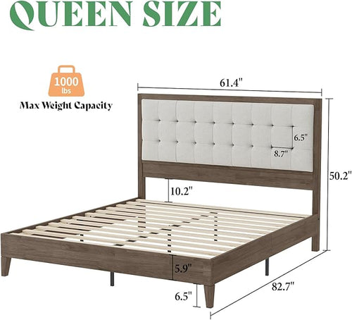 AMERLIFE Queen Bed Frame with Headboard, Solid Wooden Bed Frame Queen Size Platform Bed Mid-Century Style, No Box Spring Required, Ash Gray | Back Support, Noise-Free, Easy Care, Sturdy Frame, Breathable Material