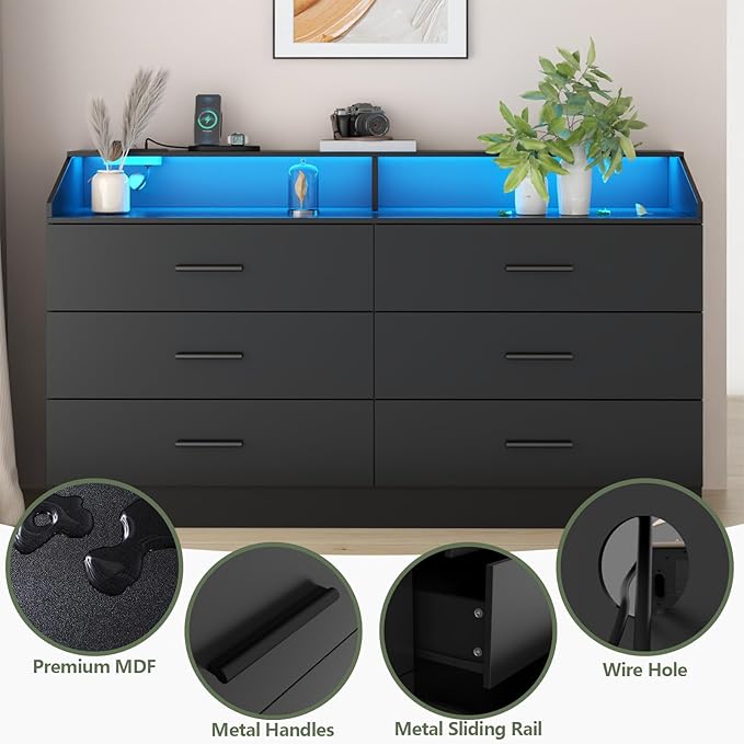 Gyfimoie 6 Drawer Dresser with Power Outlet, Chest of Drawers with LED Light, Modern Dresser with Open Storage Cubby, Double Wide Dressers Organizer for Bedroom, Living Room, Entryway, Hallway