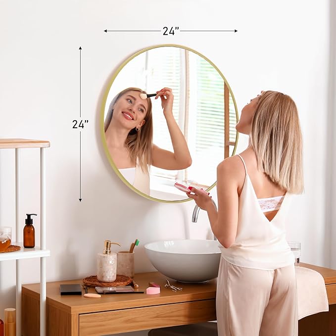 NEWBULIG Gold Round Wall Mirror 24 Inch, Bathroom Mirrors for Over Sink, Wall Decor for Bathroom, Entryway, Bedroom, Vanity