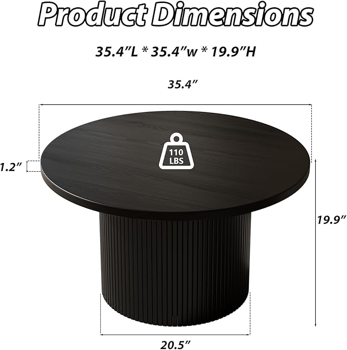 MAISONARIA Black Round Coffee Table with Metal Frame, 35" Coffee Tables for Living Room, Circle Wood Accent Center Table for Apartment