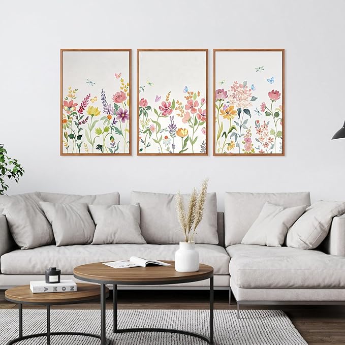 CHDITB Colorful Wildflower Framed Canvas Wall Art Print, Nature Butterfly Poster, Flower Wall Decor, Watercolor Floral Pictures, Botanical Art Prints For Girl Room Living Room Nursery Decor 16"x24"x3