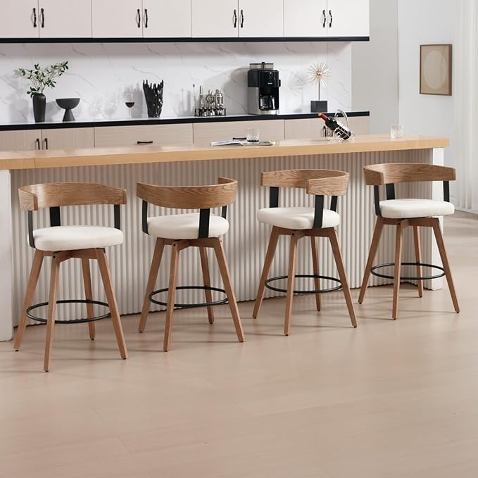 DUOMAY Swivel Bar Stools Set of 3, 26" Counter Height Bar Stool with Footrest Modern Wood Barstools with Linen Upholstered Seat Counter Stools for Kitchen Island Home Bar, White