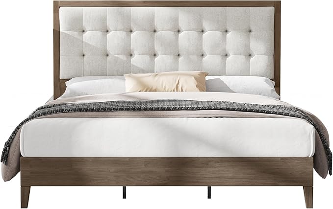AMERLIFE Queen Bed Frame with Headboard, Solid Wooden Bed Frame Queen Size Platform Bed Mid-Century Style, No Box Spring Required, Ash Gray | Back Support, Noise-Free, Easy Care, Sturdy Frame, Breathable Material