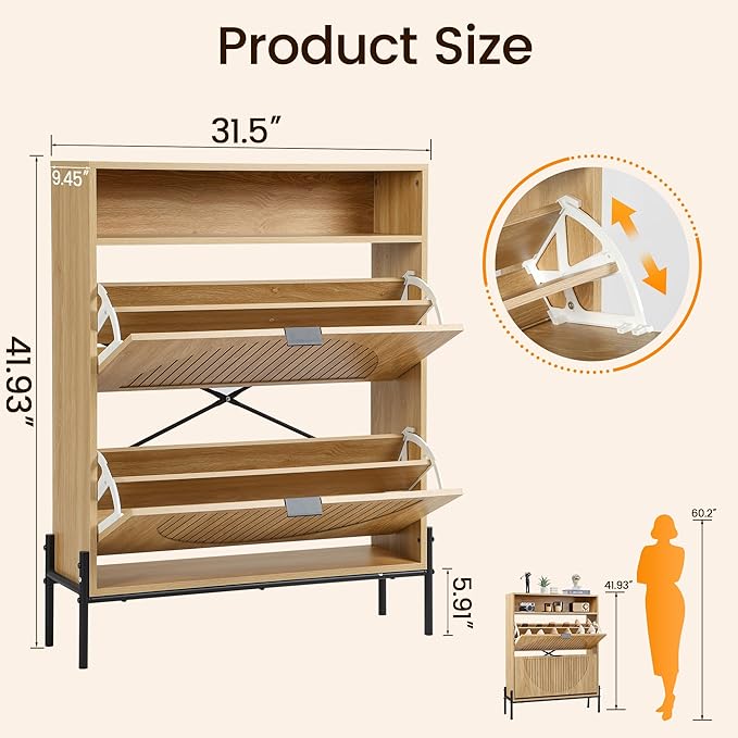 FurSch Fluted Shoe Cabinet with 2 Flip Drawers, Slim Freestanding Hidden Shoe Cabinet Organizer, Narrow Shoes Storage Rack for Entryway (All Natural-2 Drawers, 9.45" D x 31.5" W x 41.93" H)
