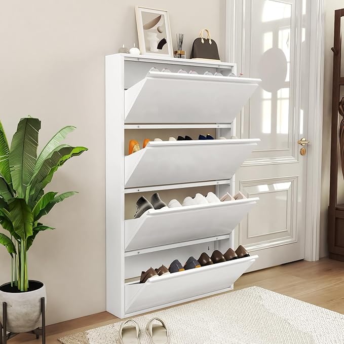 LUCYPAL Shoe Cabinet for Entryway,White Narrow Shoe Storage Cabinet with 4 Flip Drawers,Metal Slim Wall Mounted Shoe Cabinet for Entryway,Hallway,Living Room,White