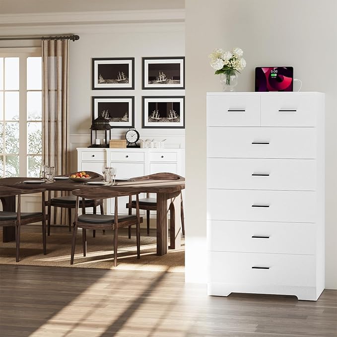 FJTJBSI 47.3" Tall Dresser for Bedroom Chests of Drawers with Charging Station 7 Drawer Dressers with Metal Slide Rail Modern Wood Closet Organizer with Large Storage for Home Office Entryway