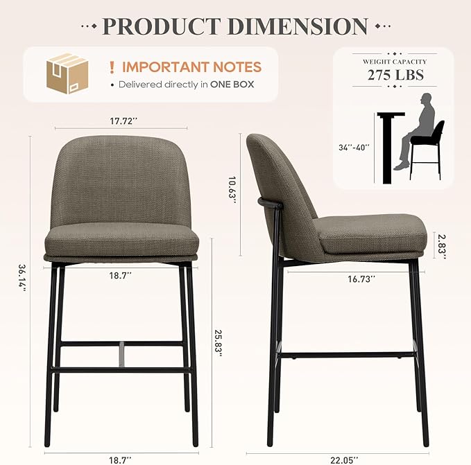 COLAMY Counter Height Bar Stools Set of 2, 25 Inch Modern Fabric Kitchen Island Stools with Back, Upholstered Counter Barstools Armless Bar Chairs with Metal Legs for Island Dining Room Bar,Brown