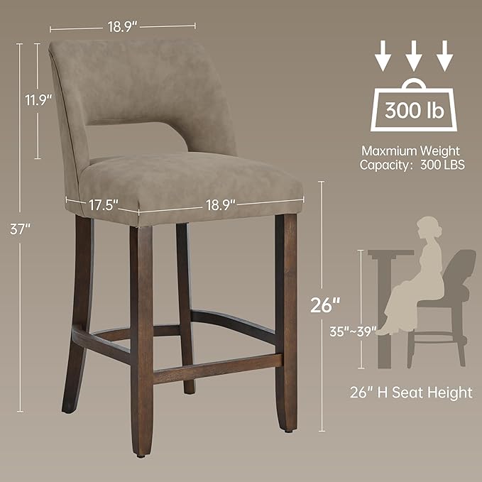 VKNOW 26" Bar Stools Set of 2, Faux Leather Counter Height Bar Stools with Backrest and Rubberwood Legs, Upholstered Barstools for Kitchen Island, Bar and Dining Room, Taupe