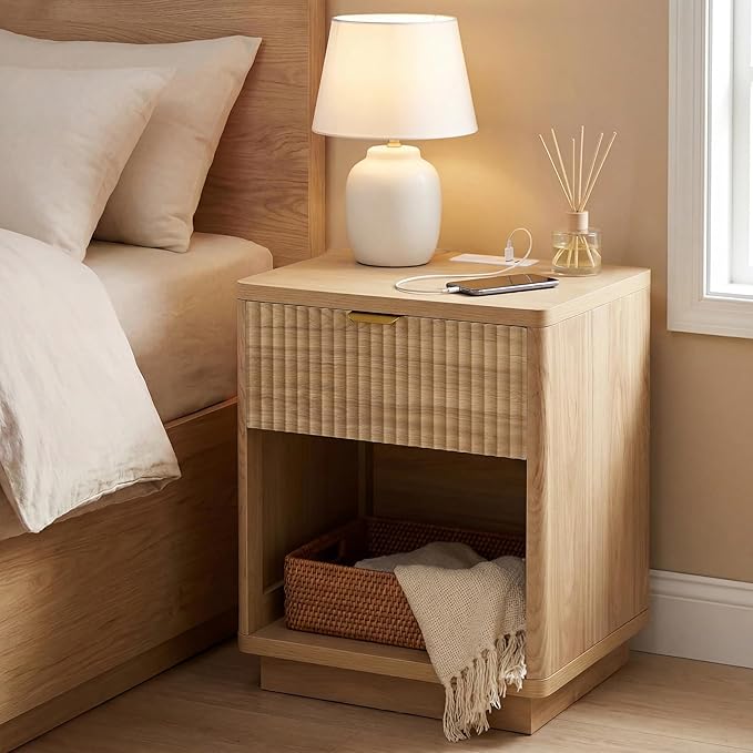 Nasonet Fluted Nightstand Charging Station,Wood Modern Night Stands Storage Cabinet for Bedroom,Oak Bedside Table with Drawers