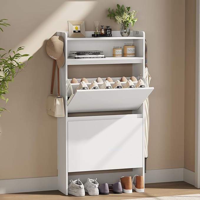 Shoe Cabinet Organizer with 2 Flip Drawers，Freestanding Shoe Rack Cabinet，Narrow Shoe Cabinet Storage for entryway, Foyer, Hallway, White, 23.6" W