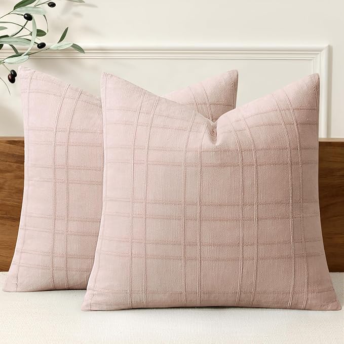 MIULEE Decorative Linen Check Euro Shams Throw Pillow Covers Neutral Farmhouse Vintage Spring Valentine Pillow Covers 24x24 Set of 2 Boho Modern Home Decor for Sofa Couch Bedroom Cushion Light Pink
