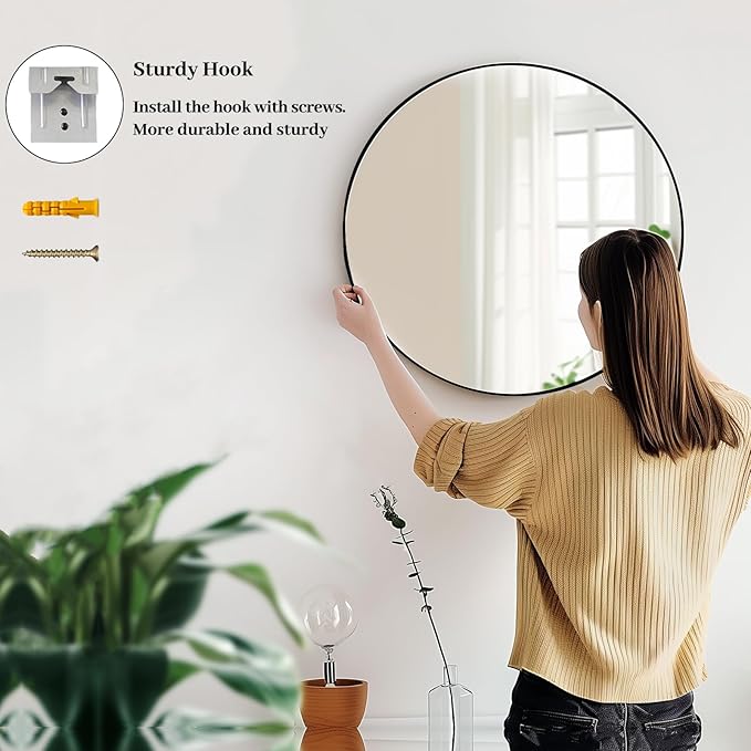 Sunniry Black Circle Mirror, Round Bathroom Mirror 20 inch, Round Wall Mirror Metal Frame, Circle Mirrors for Bathroom, Vanity, Bedroom, Hallway.