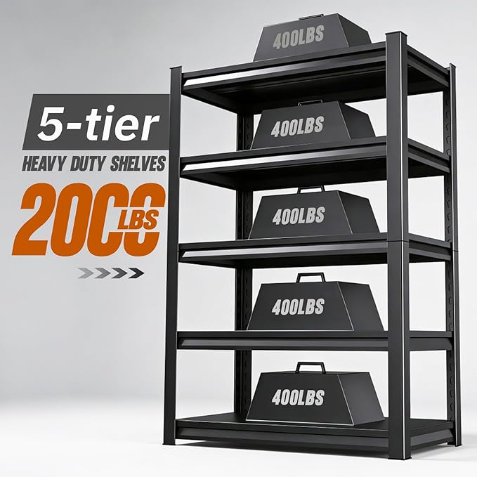 2000lbs Heavy Duty Garage Shelving, 5-Tier Adjustable Storage Shelves, 72" H x 39.3" W x13.7 D, Utility Metal shelvingfor Warehouse, Basement, Garage