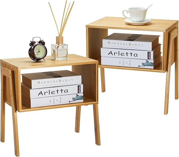 Pipishell Nightstands Set of 2, Bamboo Stackable Bedside Table, Night Stands with Storage Shelf, Small Bed Side Tables, 2-Tier End Table for Bedroom, Dorm and Small Space Storage (Natural)