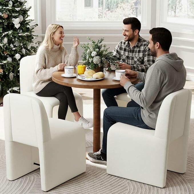 Hyfirm Upholstered Dining Chairs Set of 4, Modern Armless Desk Chair with Metal Footrest for Diningroom Bedroom Livingroom Reading Room,White Fabric