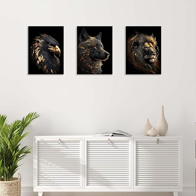3 Piece Framed Canvas Wall Art, Modern Black and Gold Animal Canvas Wall Decor with Eagle Wolf and Lion, Set of 3 Wall Art for Living Room Bedroom Office Gaming Room, 12x16 Inch
