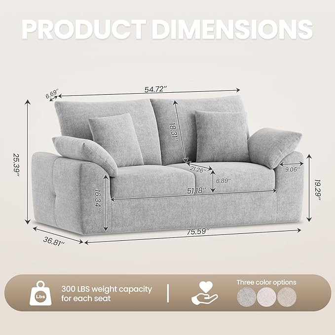 75.6" Modern Loveseat Sofa for Living Room, Cloud Boneless Couches with 4 Pillows, Mid Century Loveseat couches for Small Place, No Assembly Required, Light Grey