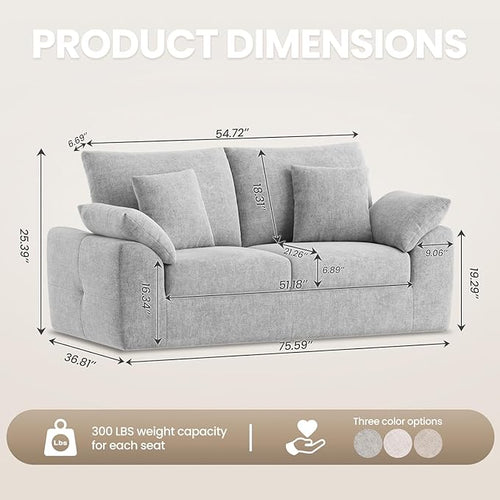 75.6" Modern Loveseat Sofa for Living Room, Cloud Boneless Couches with 4 Pillows, Mid Century Loveseat couches for Small Place, No Assembly Required, Light Grey