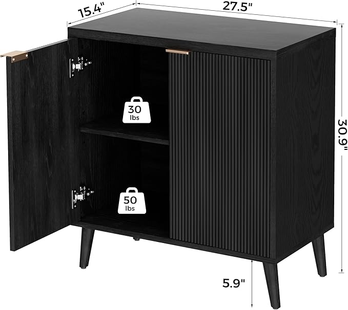 Homleke Buffet Cabinet with Storage, Modern Fluted Accent Sideboard with Doors & Adjustable Shelves, Buffet Table Entryway Cabinets for Living Room, Kitchen, Dining Room, Hallway, Black