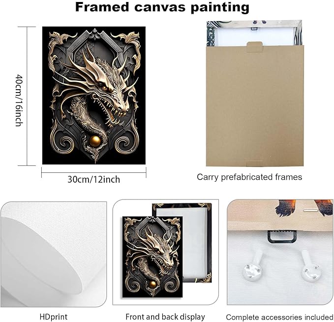 3 Piece Wall Art Framed Canvas Wall Art Modern Abstract Dragon Pictures with Black and Gold Design, Home Decor for Living Room, Bedroom, Office, Gaming Room – Room Decoration with Hooks and Nails, 12x16 Inch
