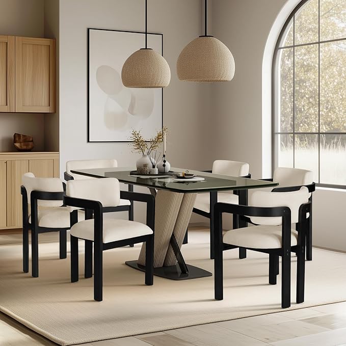 SIMTONAL Soild Wood Boucle Dining Chairs Set of 2-Black Accent Chairs with Arms, Soft Linen Fleece Upholstered Armchairs for Kitchen Dining Living Room