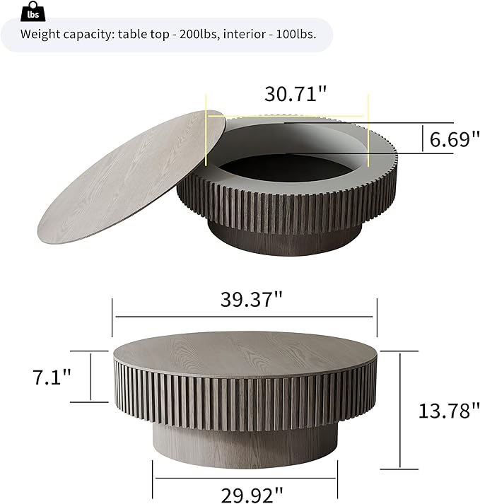 39.37'' Round Coffee Table with Storage, Solid Wood Veneered Modern Drum Coffee Table Accent Tea Table for Living Room, Bedroom, Apartment or Office-Gray