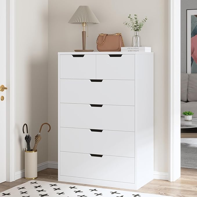HAUOMS Tall 6 Drawer Dresser, White Modern Chest of Drawers for Bedroom,Closet Dressers with Drawers for Living Room, Entryway, Hallway