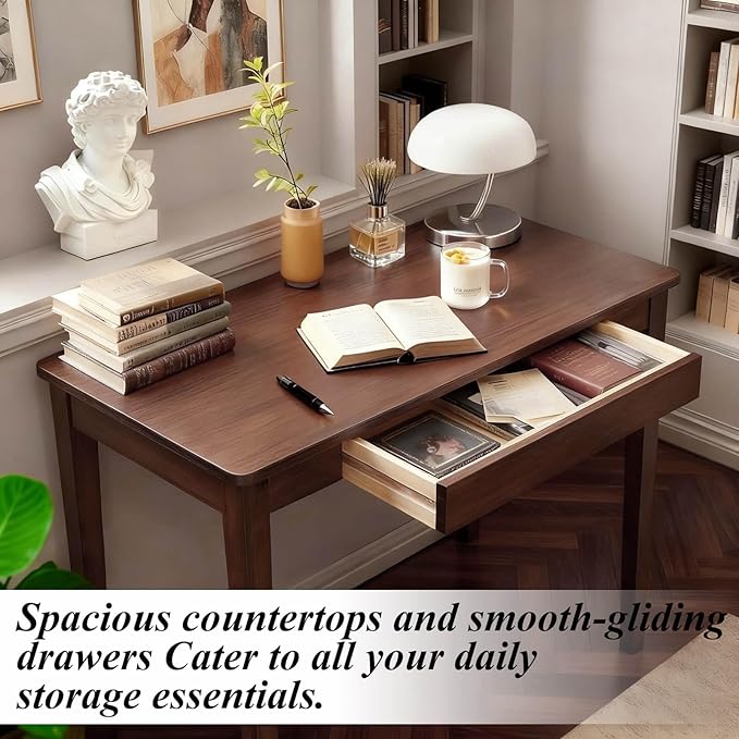 Solid Wood Desk,40" Oak Wooden Desk with Drawers,Mid Century Modern Small Computer Desk with Drawers for Small Spaces Home Office Solid Wood Writing Desk,(Walnut Color-1 Drawers) (Walnut Color)
