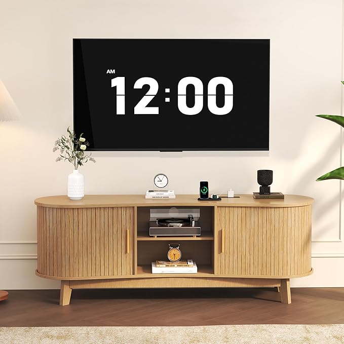Mid Century Modern TV Stand for 65 Inch TVs, Fluted TV Stands with Open Shelves and Sliding Door, Media Cabinet with Power Outlet, Entertainment Center with Storage for Living Room, Natural