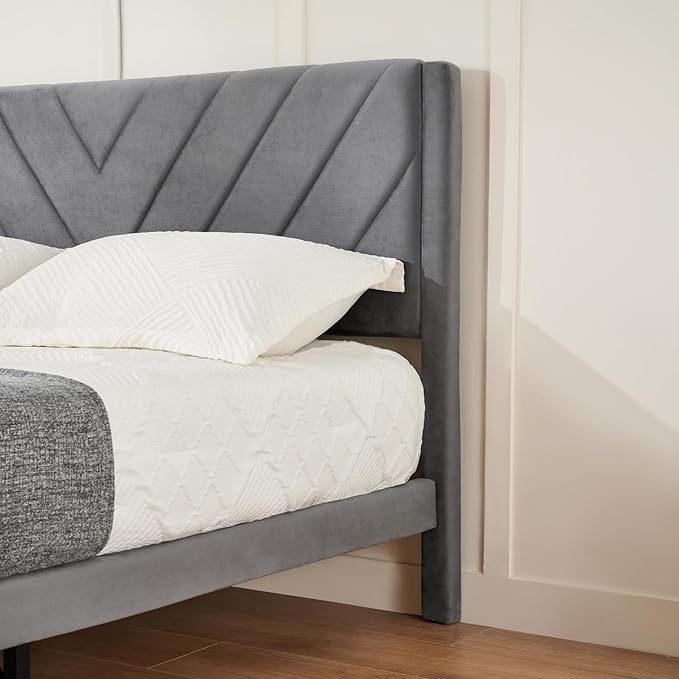 Queen Bed Frame with Headboard, Bed Frame Queen Size with Sturdy Wooden Slats Support, Platform Bed Frame with Velvet Upholstered Headboard, Mattress Foundation, Easy Assembly, No Box Spring Needed